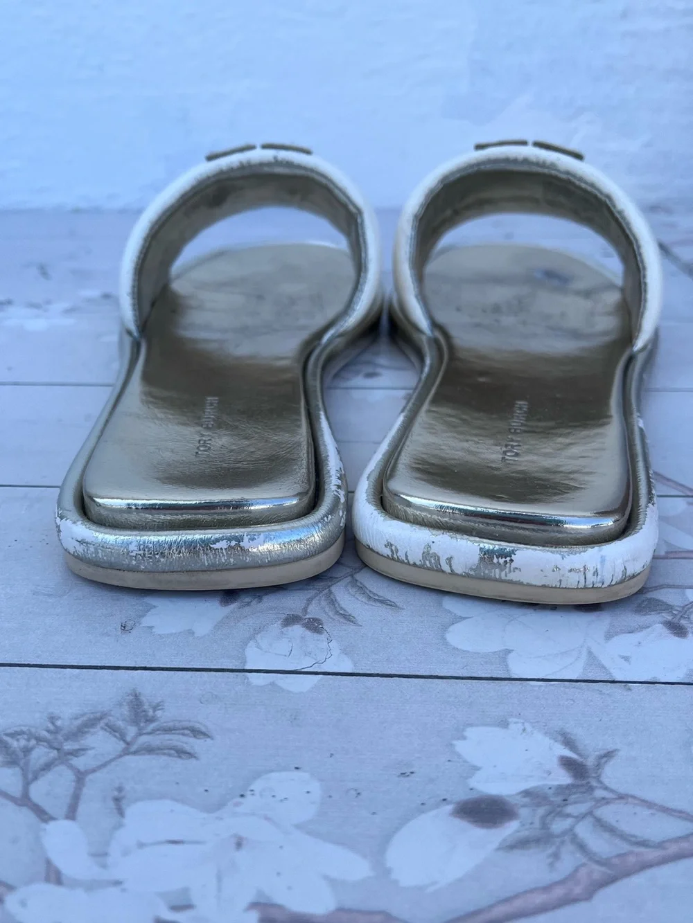 Tory Burch White and Gold Logo Slide Sandals